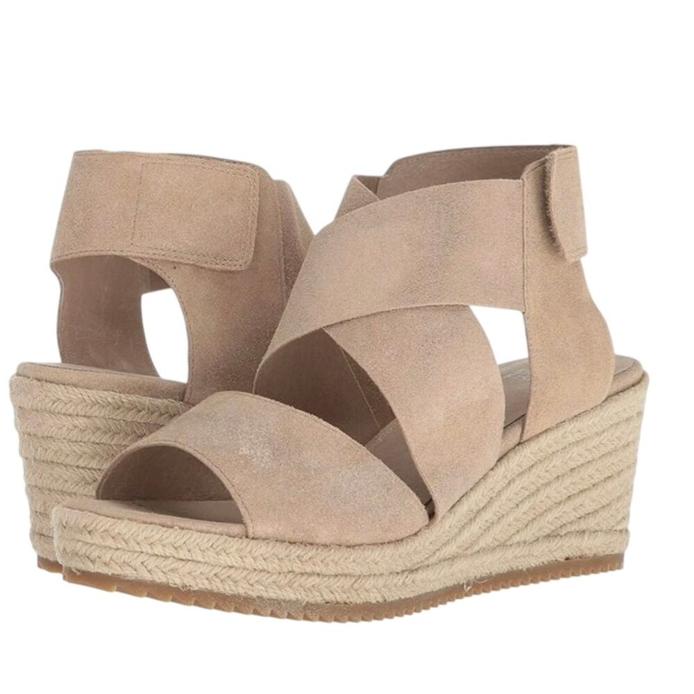 Eileen Fisher Willow 3 Metallic Accent Wedge Espadrille Sandals Size 7.5